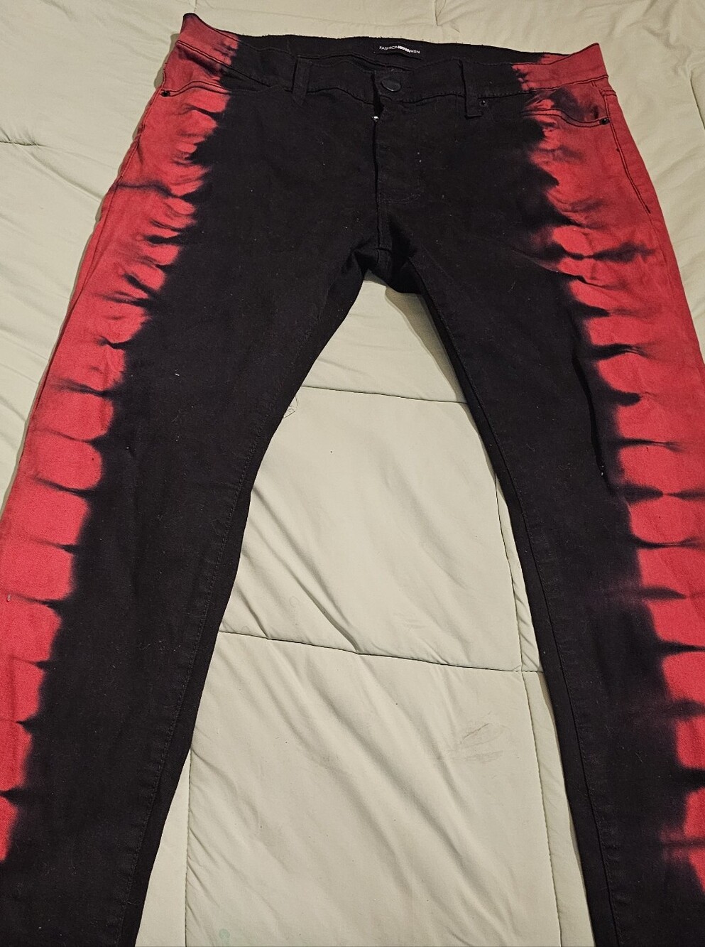 Fashion Nova Women’s Skinny Jeans in Black with Red Side Tie-Dye